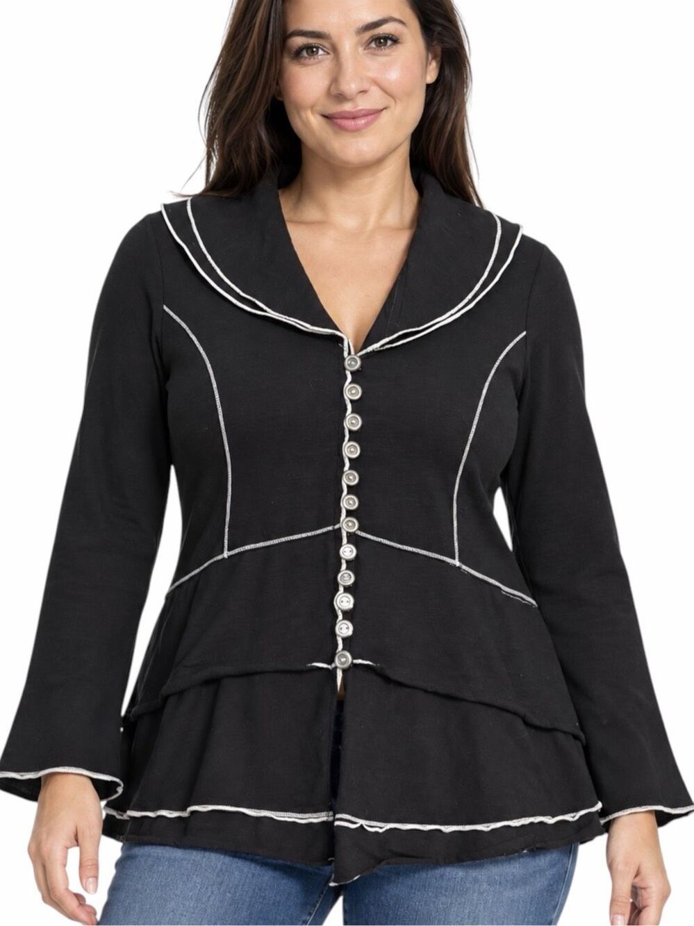 NEON BUDDHA Shawl Collar Button Front Cardigan Black Contrast Stitch Tiered Medi